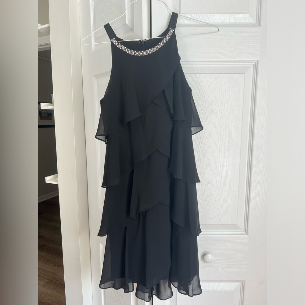 SLNY Black 1920s Beaded Party Layered Homecoming Formal Ruffled Mini Dress 6P